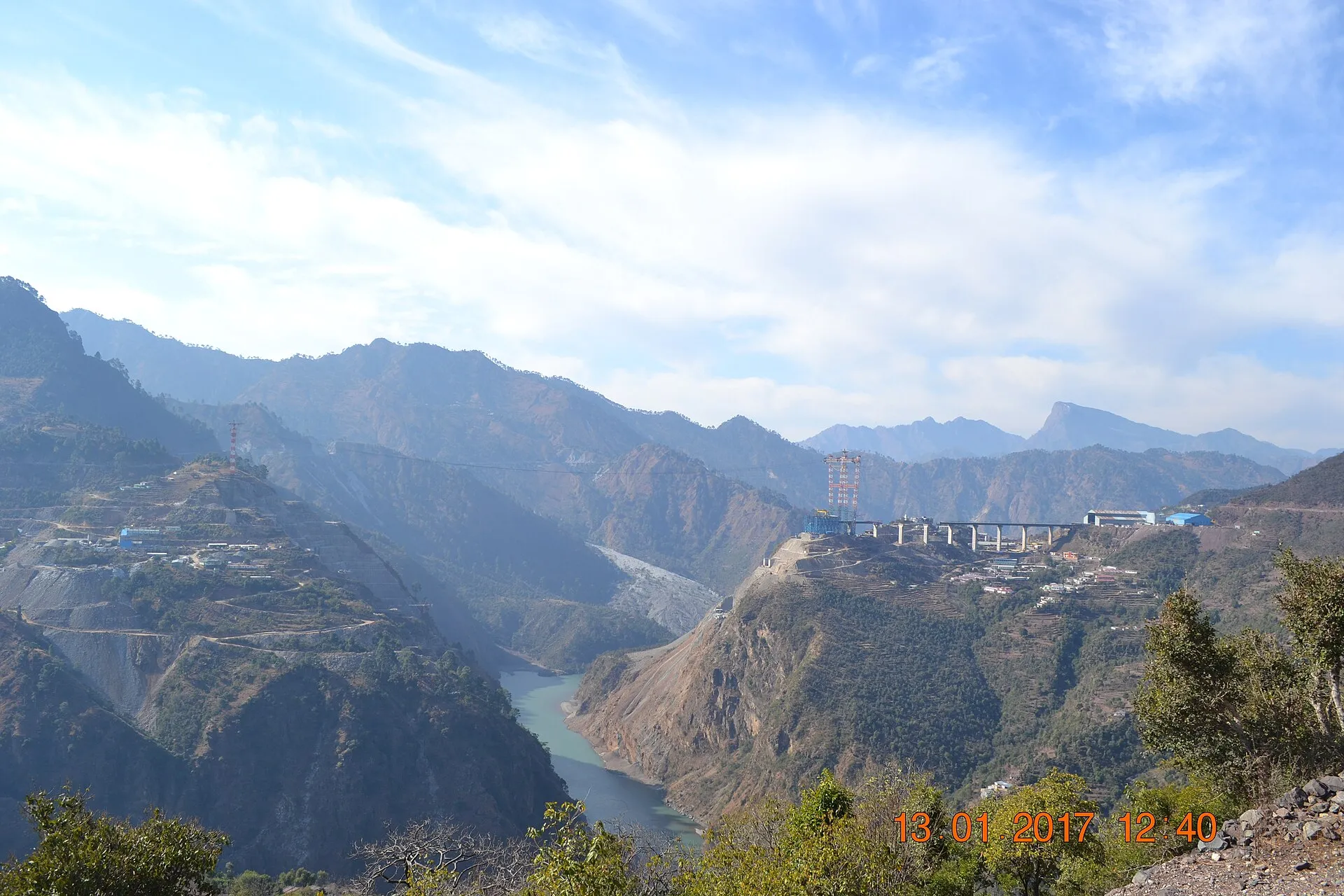 The Chenab Rail Bridge under construction high above the Chenab gorge in 2017