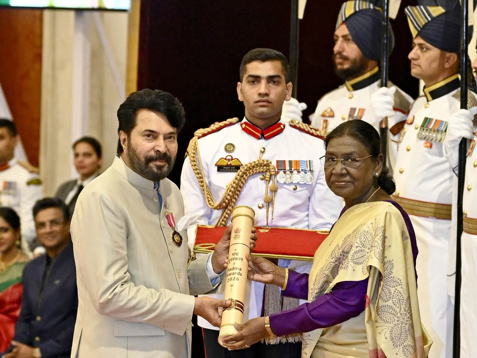 President Droupadi Murmu presenting the Padma Bhushan to Mammootty at Rashtrapati Bhavan, 2026