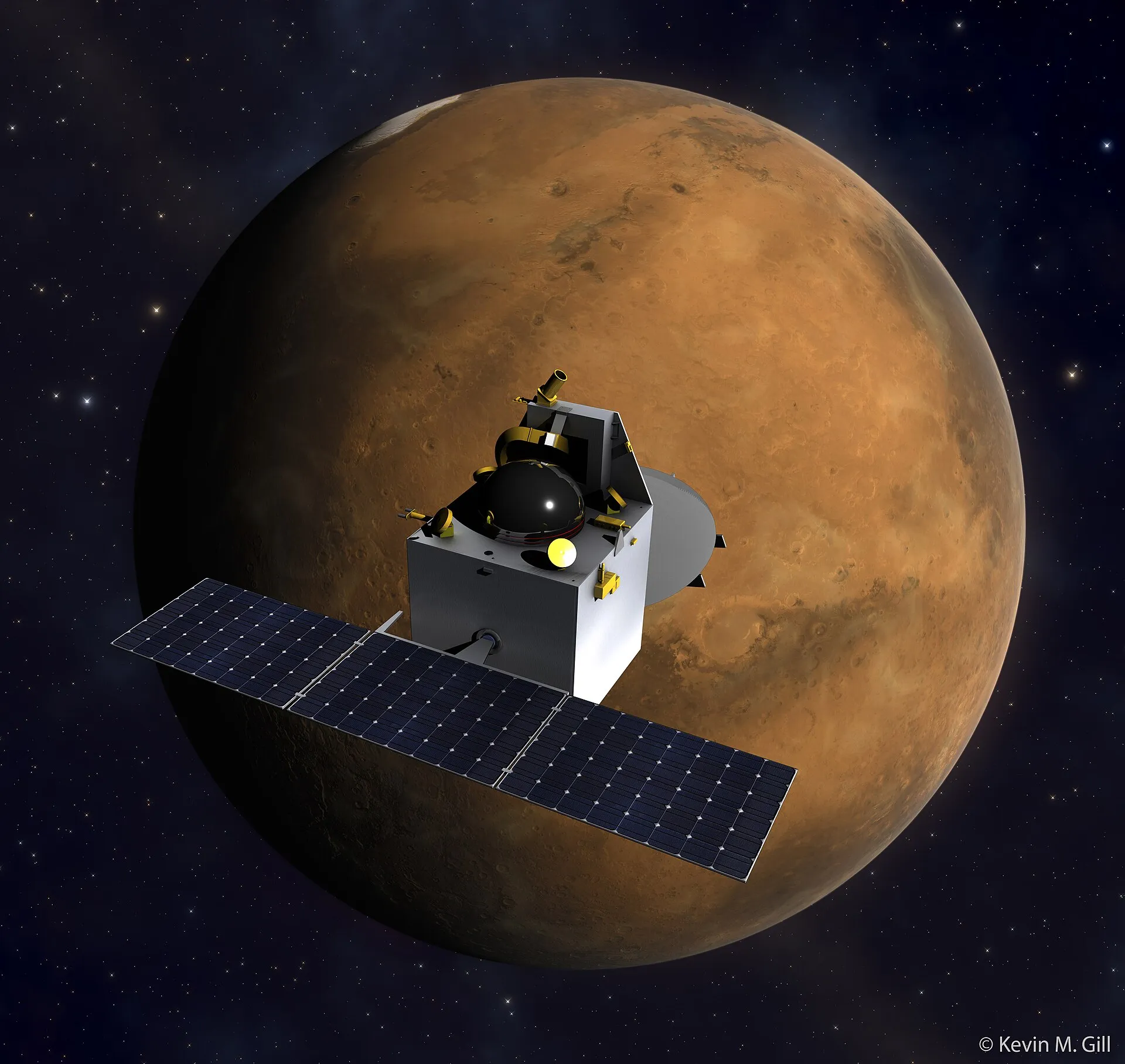 An artist's illustration of the Mars Orbiter Mission spacecraft at Mars
