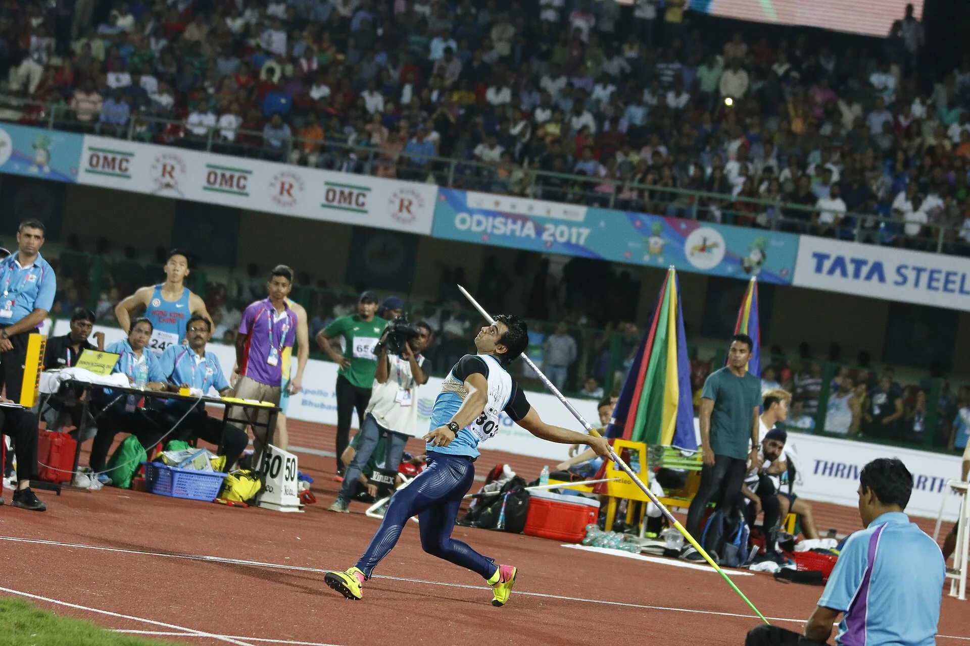 Neeraj Chopra throwing the javelin at the 2017 Asian Athletics Championships in Odisha