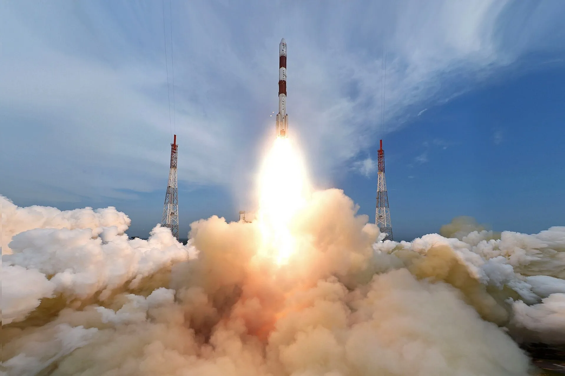 A PSLV rocket lifting off from Sriharikota (the PSLV-C35 launch in 2016, not C37)